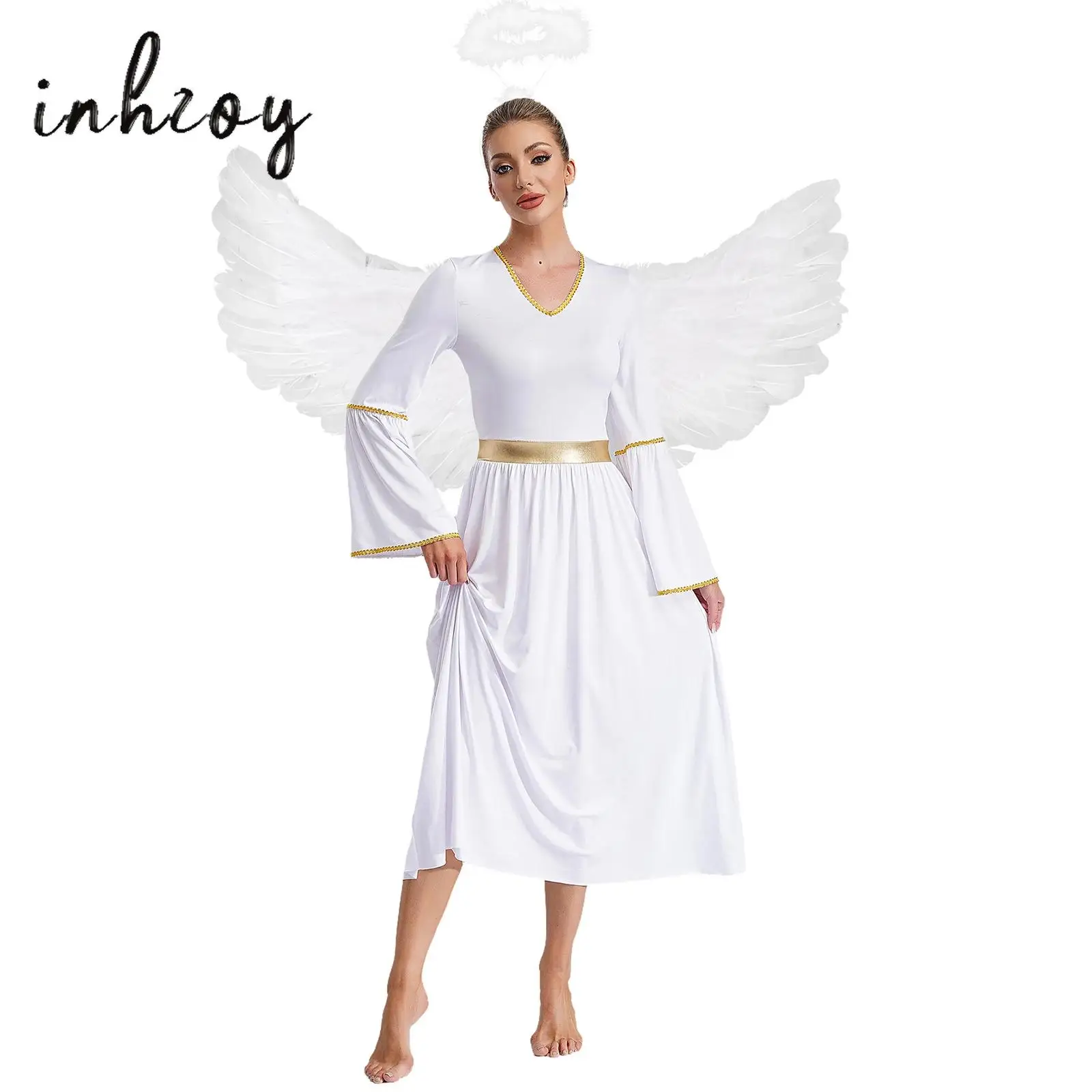 

Womens Angel Cosplay Costume Long Sleeve Gold Trim Dress Gown+Feather Angel Wings+Headwear Halloween Party Performance Costume