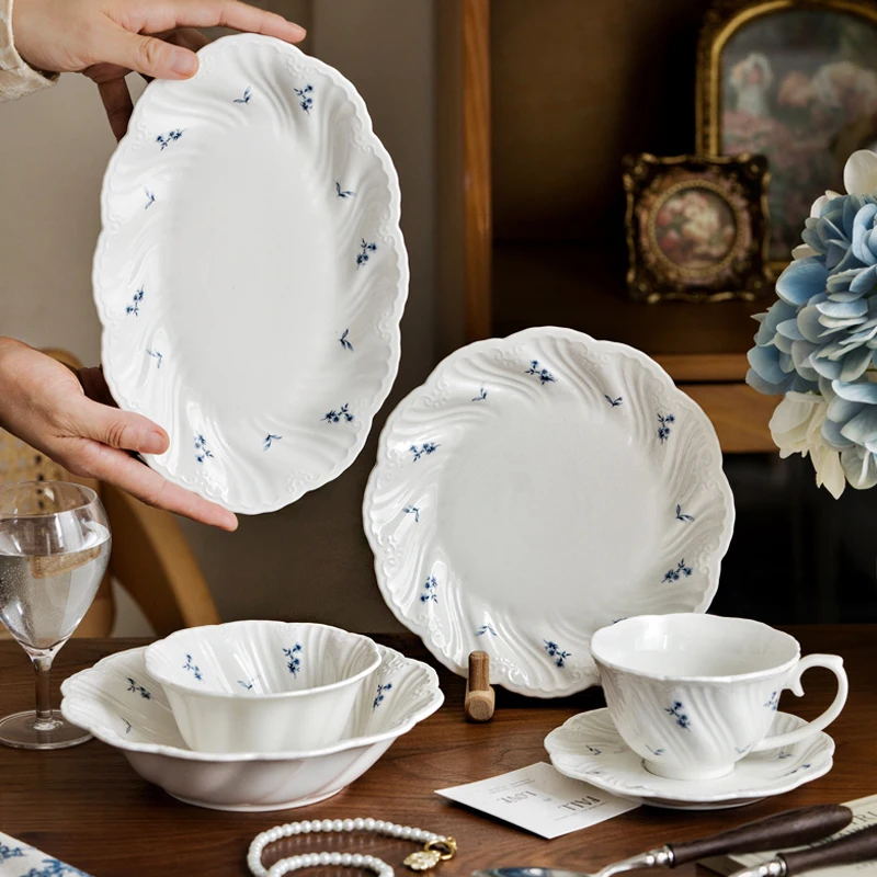 Ceramic Plate Blue Floral Coffee Cup and Saucer Round Pretty Plate Steak Spaghetti Salad Vegetable Breakfast Tableware Dishes