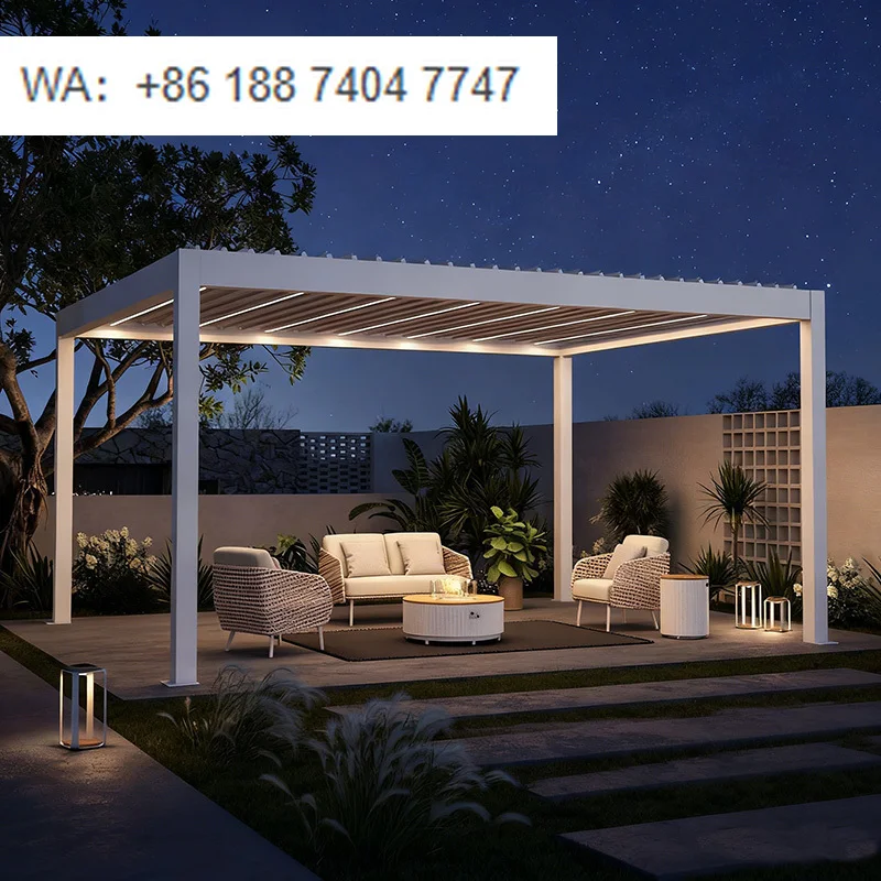 

Водонепроницаемая моторизованная алюминиевая биоклиматическая пергола с регулируемыми ламелями и выдвижной крышей с порошковым покрытием для балкона – Экологичное решение для улицы