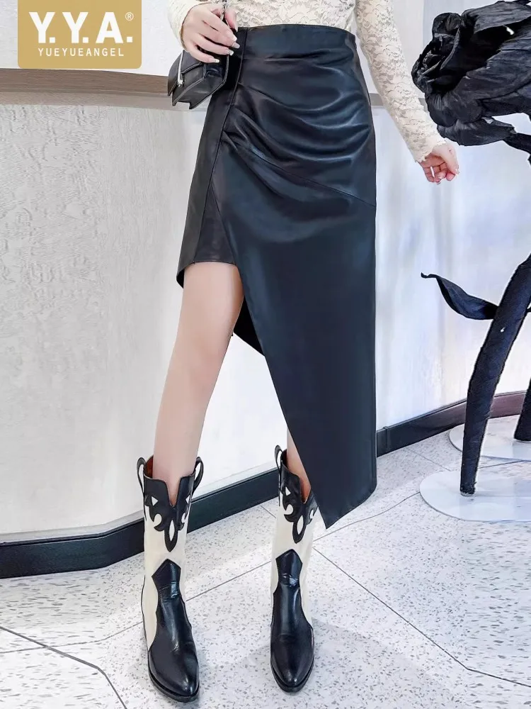 

New Women Fashion High Waist Sheepskin Genuine Leather Skirt Zipper Designer Asymmetrical Long Skirts Ladies A-Line Wrap Skirt