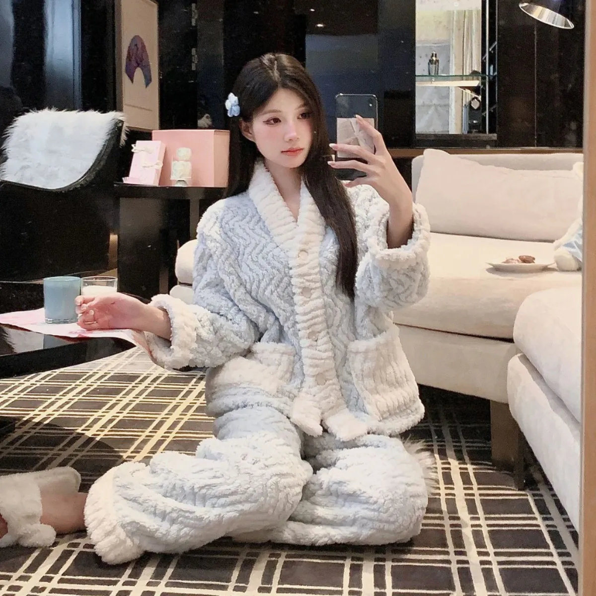 

Winter Sleepwear Warm Flannel Pajamas Suit Women Thicken Home Clothes Shirt Trousers Suit Soft Pijama Loungewear
