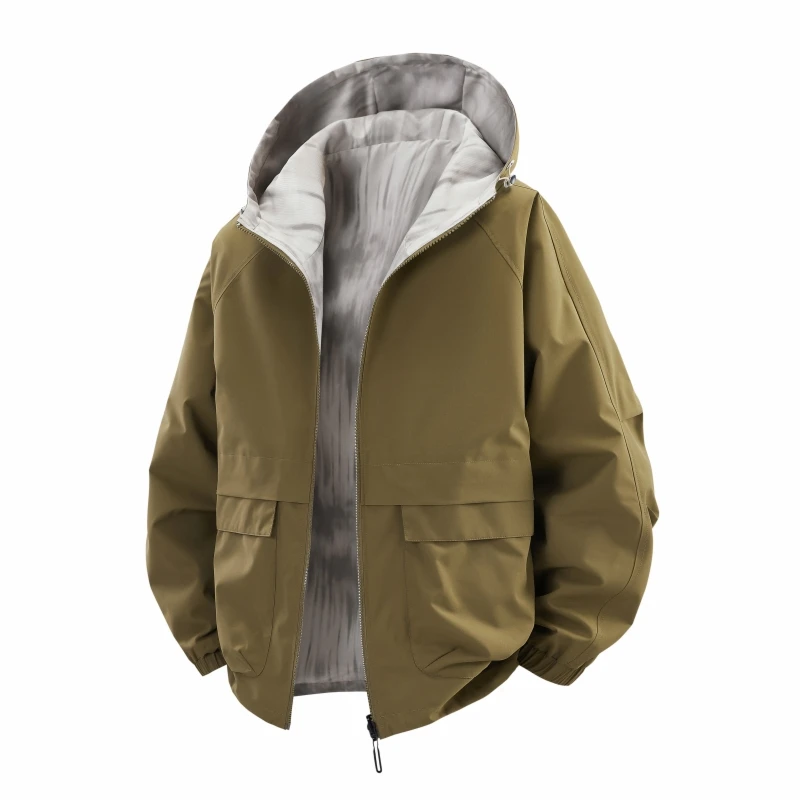 

Trendy Double-Sided Wear Autumn New Hooded Jaet Outdoor Design Windproof Loose Versatile Outerwear Top for Men Polyester Fiber