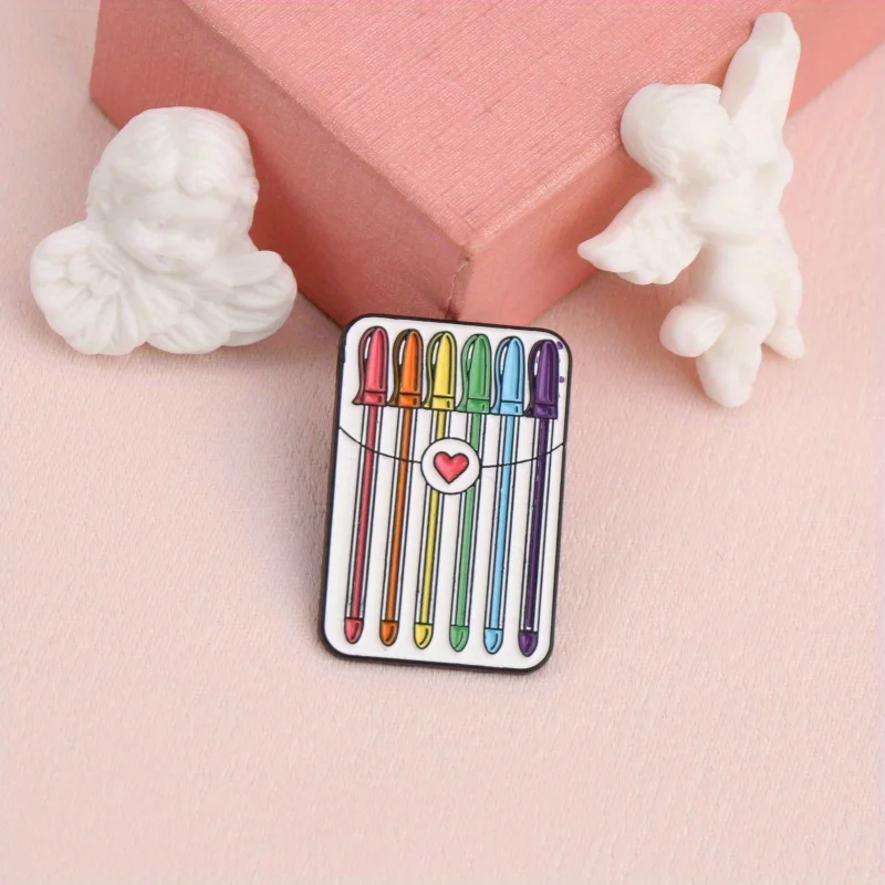 Colorful Pen Set Enamel Pin with Heart Detail, Artistic Multicolored Pen Brooch for Stationery Lovers
