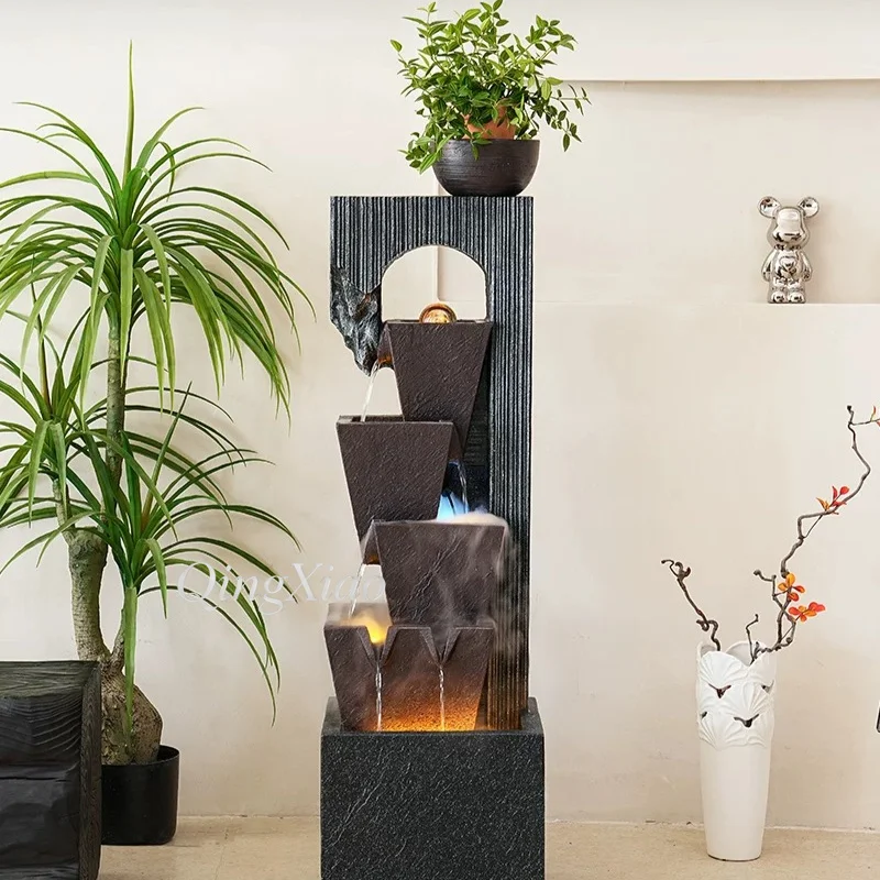 Freestanding Tiered Rock‑Textured Water Feature Floor Fountain Ornament for Living Room Office Study Hall Villa Reception Decor