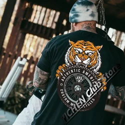 American Skull Tiger Head Locomotive Harley Loose Riding Cotton Men's Short Sleeve T-Shirt Sports Fitness Training Men's Top