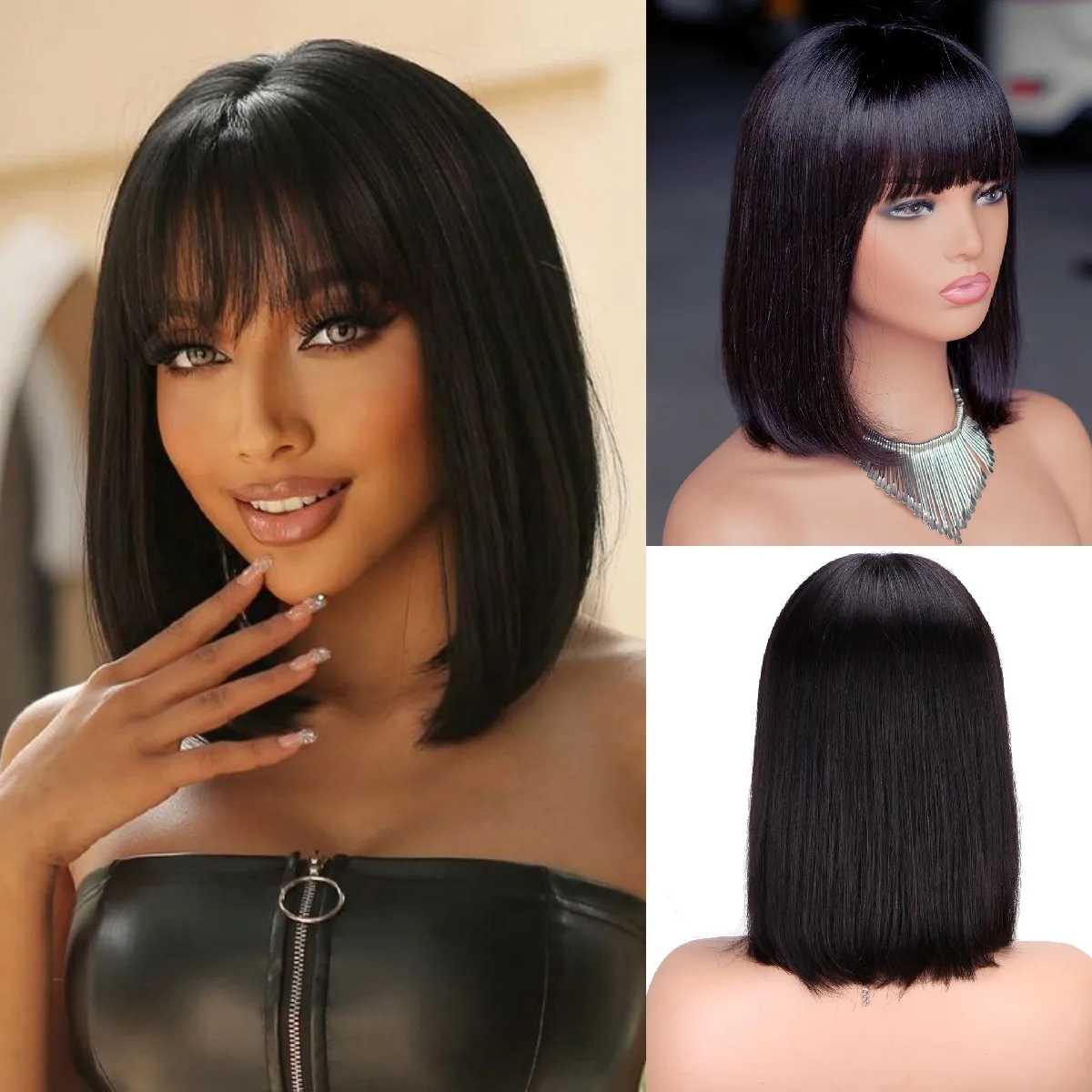 

Bob Straight Natural Black Human Hairs with Bangs Human Hair wigs for Women Afro Short Machine Made Human Closure Wigs Glueless