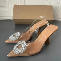 TRAF Flower Shape Rhinestone High Heels Pump Women Point Head Spike Heel Slingback Shoe Transparent Upper Lady Sandal For Women