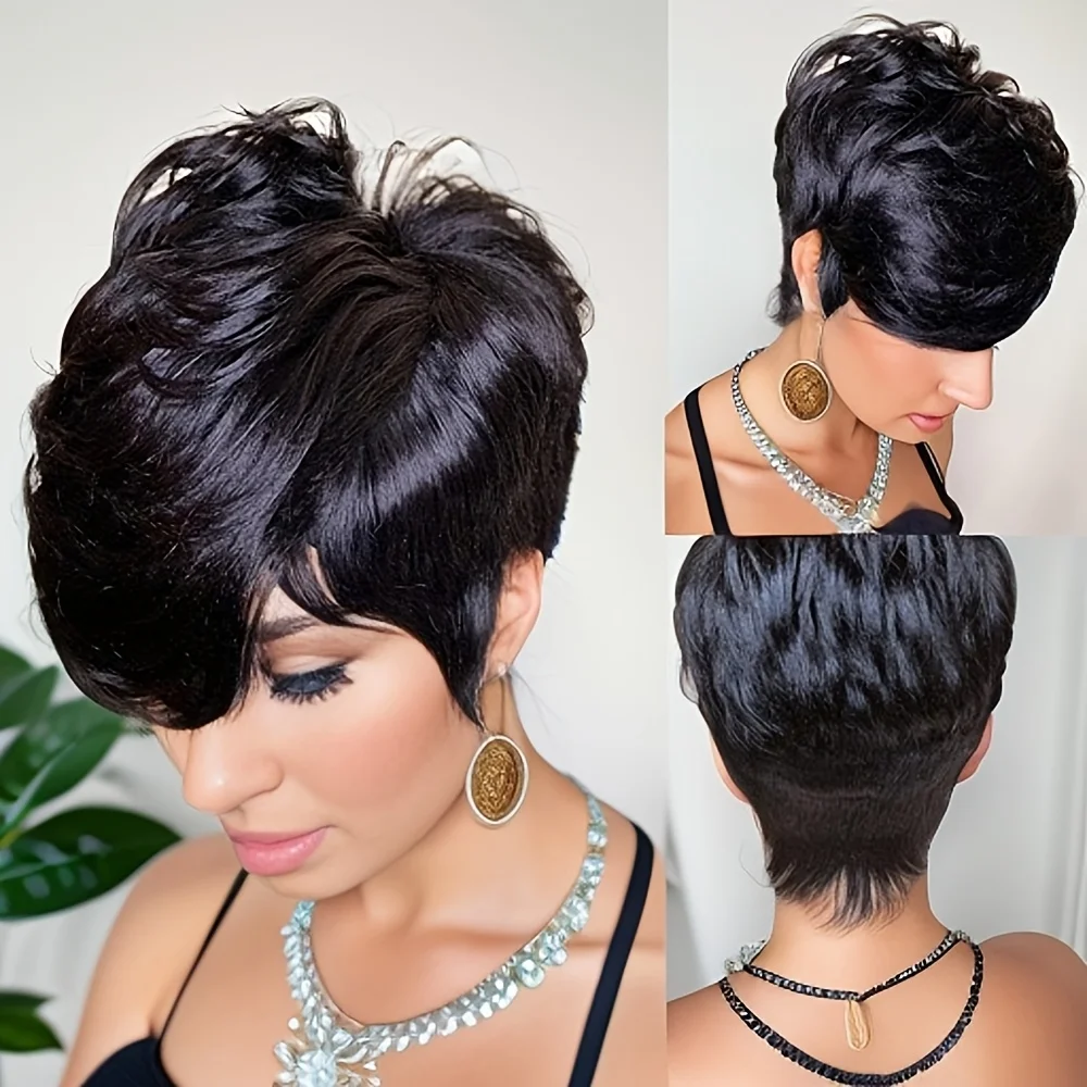 짧은 인모 가발 픽시 컷 웨이브 가발 여성용 레이어드 풀 머신 제작 가발