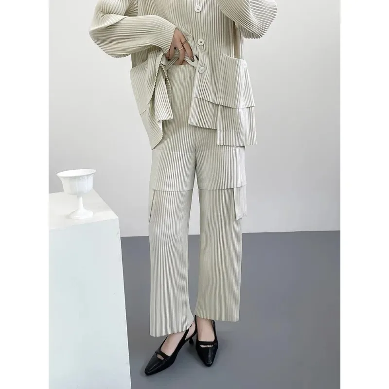 Miyake Pleated Long Sleeve Jacket 2026 New Workwear Pants Suit Commuter Fashion Single Breasted Top Straight Pants Fold Women's