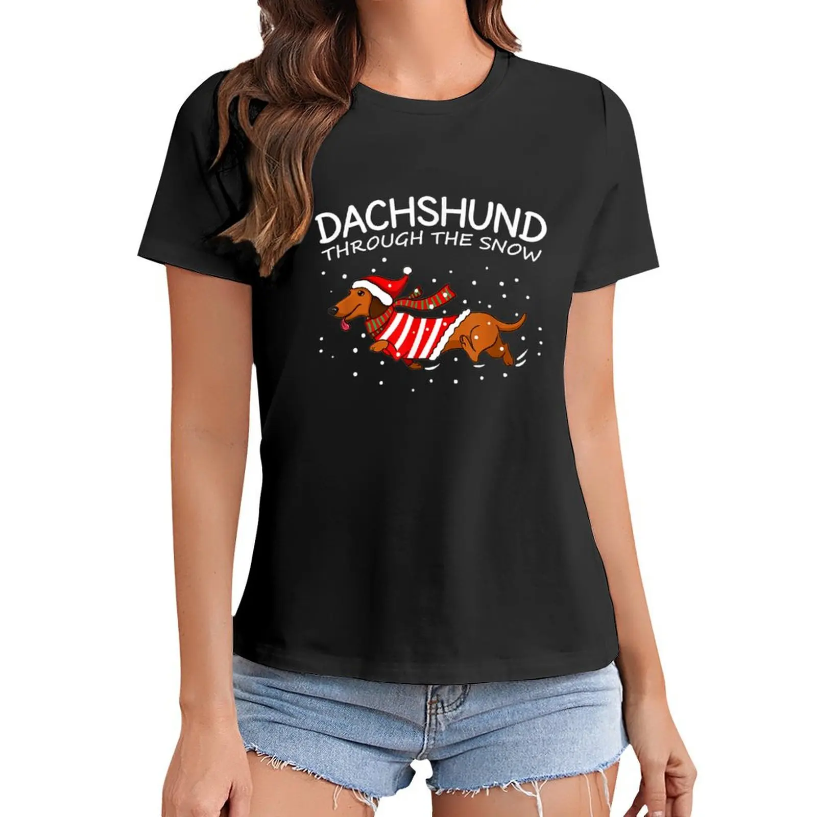 

Dachshund Through The Snow Funny Dog Christmas T-Shirt anime clothes sweat t shirt dress Women