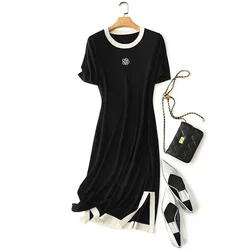 women's silk cashmere crewneck beading dresses