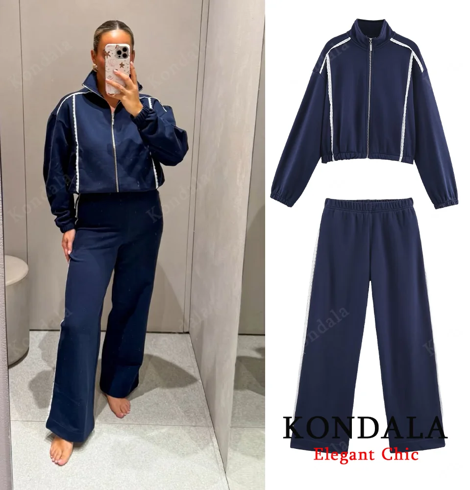 

KONDALA женский осенний повседневный комплект брюк, кружевная лоскутная куртка на молнии с круглым вырезом, длинные брюки, модный осенний элегантный женский брючный костюм 2025 года