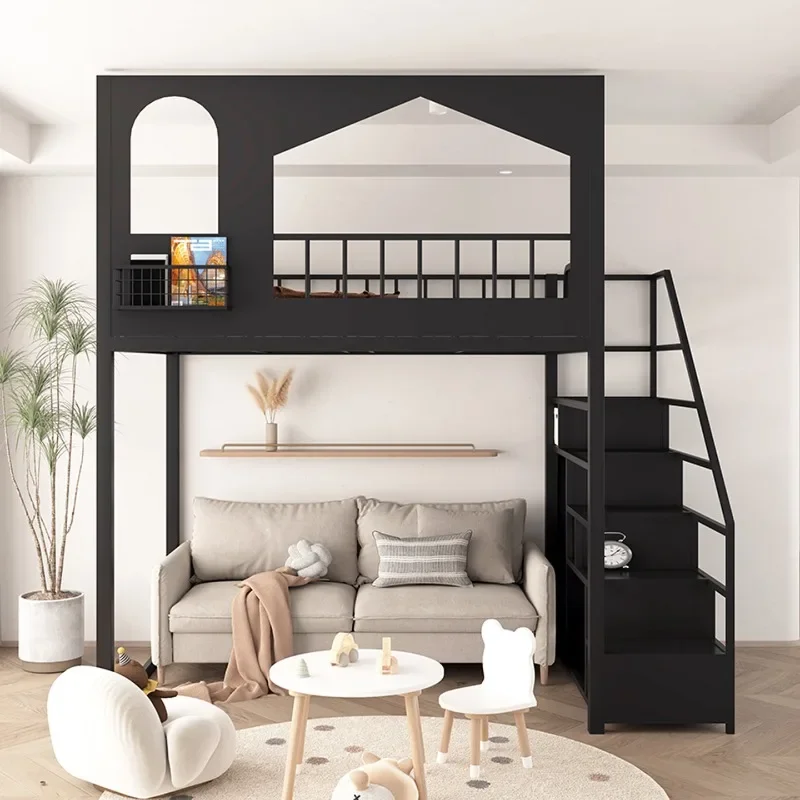 HHHHWrought Iron Loft Elevated Bed Small Apartment Empty Single Upper Floor High And Low Tree House Castle Duplex Second Floor