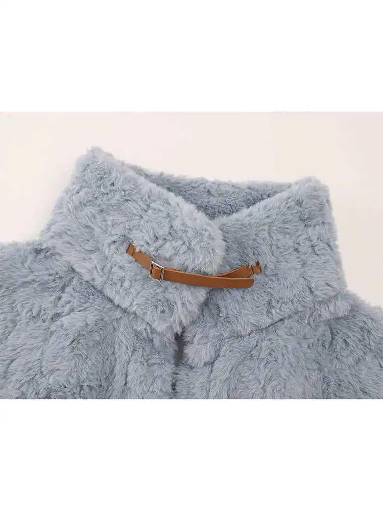 Women's Blue Teddy Coat Vintage Lamb Wool Fur Jacket Harajuku 2000s Aesthetic Long Sleeve Autumn Coats Loose Outerwear Clothes
