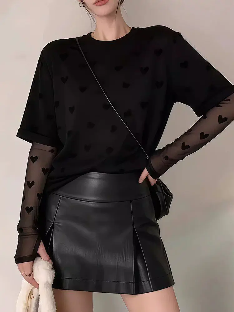Black Thin Long Sleeve T-Shirt Women Summer New Loose Artistic Heart round Neck Mesh Top Korean Style Cotton Blend UV Protection