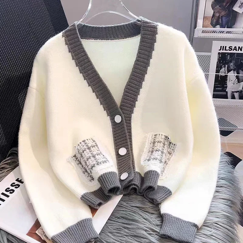 2024 Jesień Zima Nowy Casual Koreański Patchwork V-neck Sweter z długim rękawem Płaszcz Damski Prostota Guziki Dzianinowy Kardigan Tops