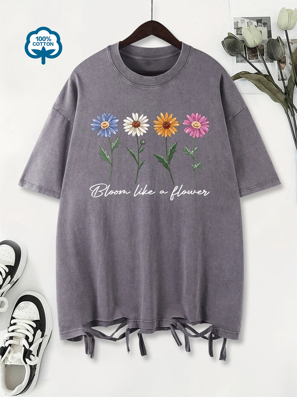 Summer Washed T-Shirts Womens Cotton Bloom Like A Flower Printing Tops Casual O-Neck Oversized Streetwear Vintage Woman Clothes