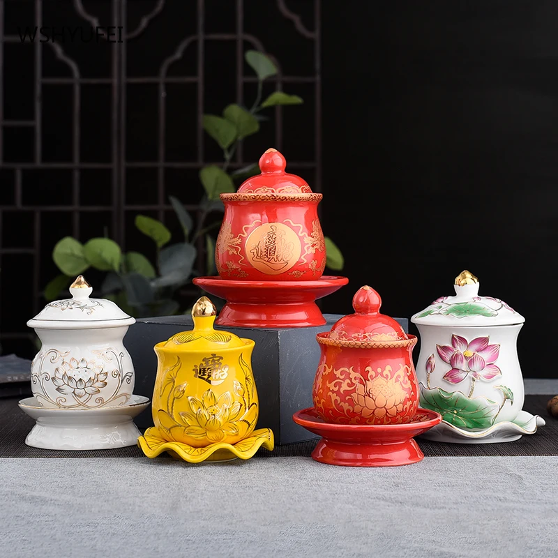 WSHYUFEI Variety of Ceramic Holy Water Cups Offering Worship in front of buddha Lotus Lucky Offering Buddhist temple ornaments