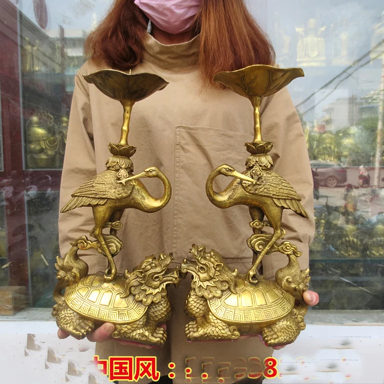 A pair home shop company lobby thriving business Money Drawing GOOD LUCK Mascot Turtle Crane candleholder FENG SHUI Brass statue