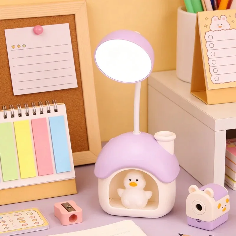 Cute House LED Desk Lamp Kids Flexible Duck Reading Lamp with Pen Holder Night Light 5V Eye Protection Study Table Lamp Bedroom