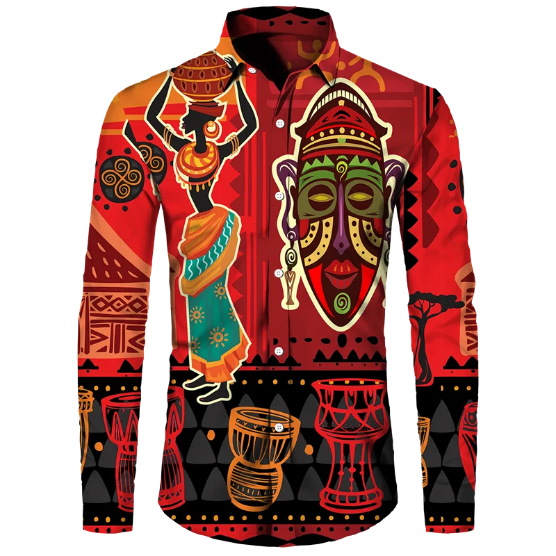 African Ethnic Pattern Hawaiian Shirts For Men Retro Drum 3D Printed Blouse Autumn Fashion Casual Loose Aloha Shirts Long Sleeve