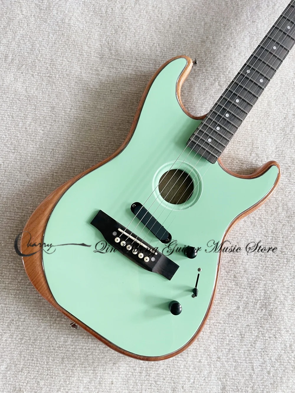 Light green guitar, semi-hollow guitar, fixed bridge, maple neck with solid body, S-type pickups, customizable