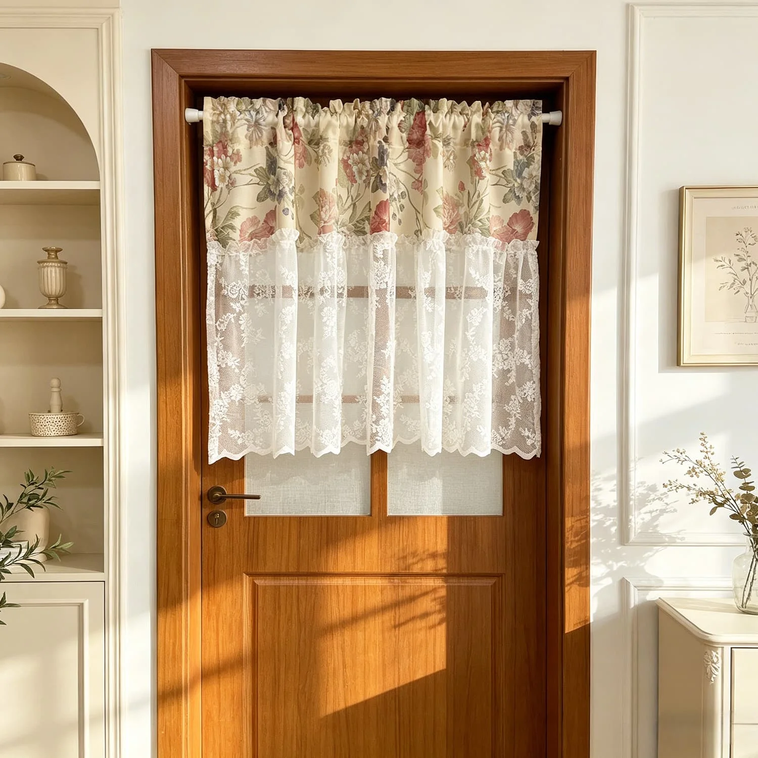Vintage Floral Print Short Curtain, Lace Patchwork Sheer Transparent Rod Pocket Valance for Kitchen Cabinet Window Home Decor