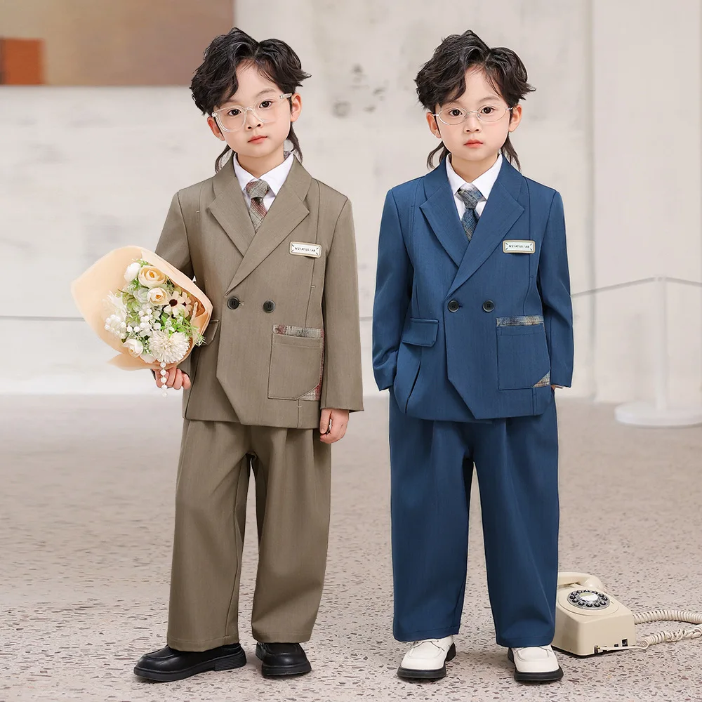 Boys Formal Suit Set Double Breasted Blazer Long Sleeve Shirt Tie Pants Kids Outfit for Wedding Party School Performance 2-12 Y