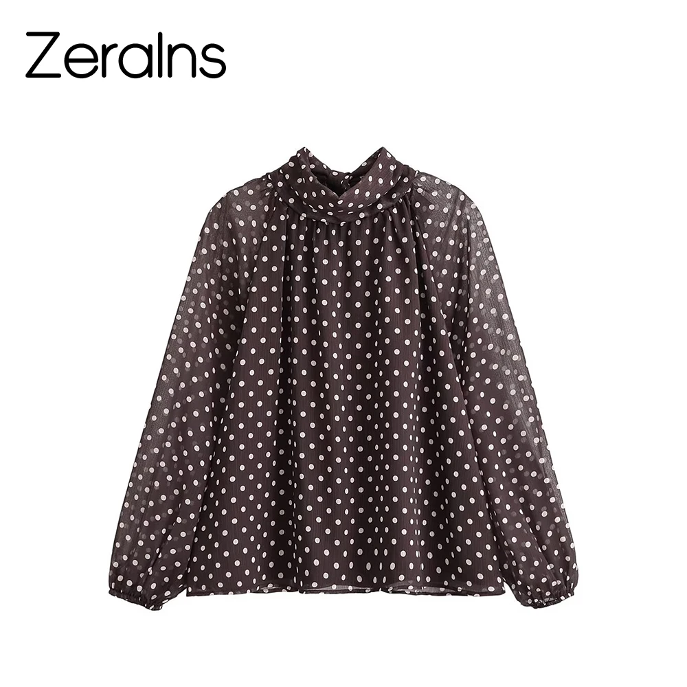 ZERAINS Summer new women's stand up collar semi transparent long sleeved bow embellished polka dot shirt