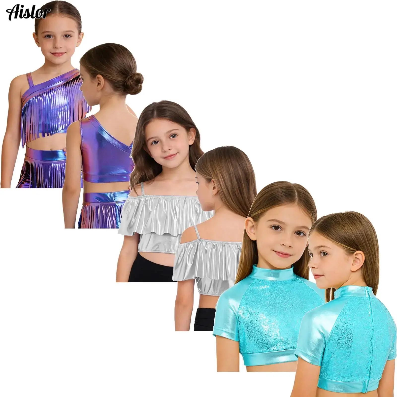 Kids Girls Asymmetrical Shoulder Metallic Tassels Crop Top Disco Latin Jazz Dance Costume Theme Party Stage Performance Clothes