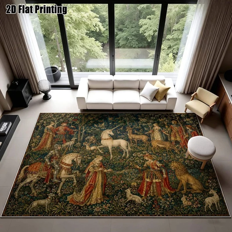 1Pc European Palace Vintage Unicorn Pattern Rug, Bohemian Style Decorative Rug, Suitable for Living Room, Bedroom, Dining Room, Bedside, Indoor and Outdoor Terrace, Home Decoration Accessories