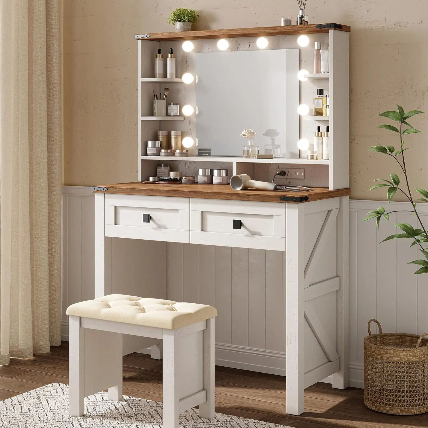 

Маленький туалетный столик с зеркалом и подсветкой, косметический столик с 2 ящиками, белый туалетный столик с зарядкой