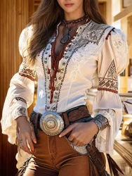 Elegant Chic Women Tops Western Print Lace Up V Neck Flare Sleeve Shirt Lace Patchwork Long Sleeve Office Lady Blouse 2025