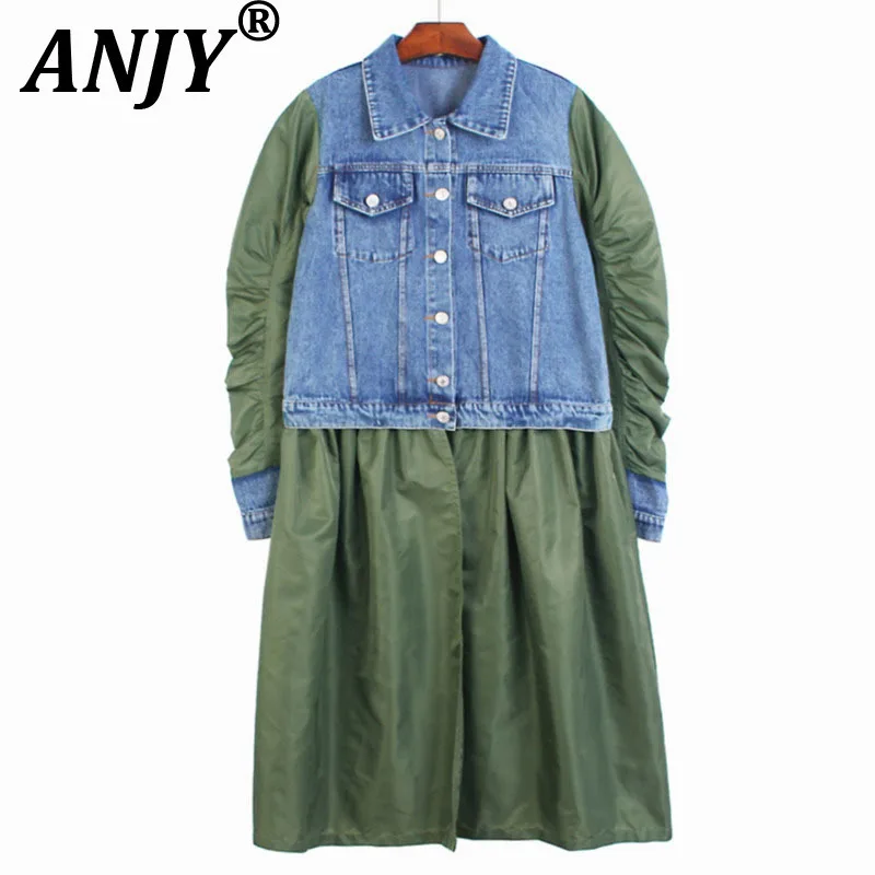 

ANJY, новое осеннее женское платье из двух частей, джинсовое лоскутное платье с длинным рукавом и отложным воротником, элегантные модные платья High Street A9608