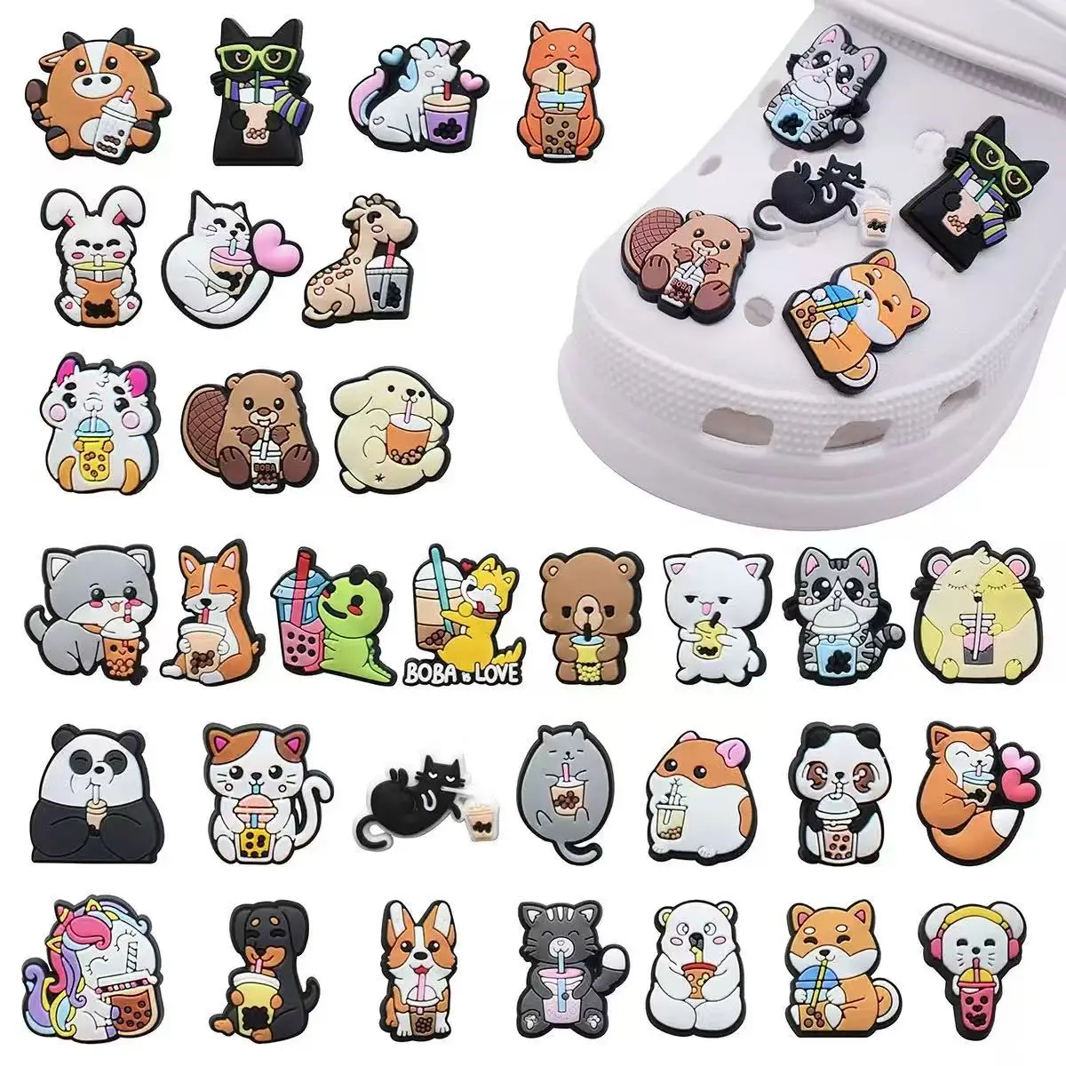 20-100pcs Animal Milk Tea Series Shoe Charms For Sandals,Shoe Decoration Accessories Shoe Pins Great Gift For Men Women