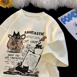 90s Women T Shirt Korean Version Cartoon Cat Group Printed T-Shirt Casual Short Sleeve Couples T-Shirt Funny Cat Streetwear