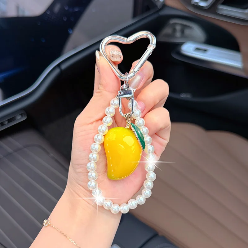 Fruit Key Chain Resin Craft Faux mango lemon pumpkin Pearl Bag Charm Vibrant Color Heart Clasp Pearl Key Ring Student Backpack