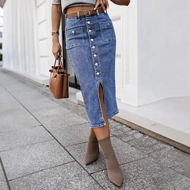 

Midi Skirt Blue Button Mid-Length Skirt TK Hot Item