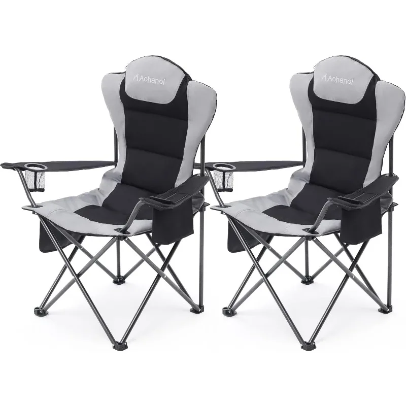 2 Pack Camp Chairs for Heavy People, Outdoor Folding Camping Chairs with Cup Holder & Cooler Bag for Outside Supports up