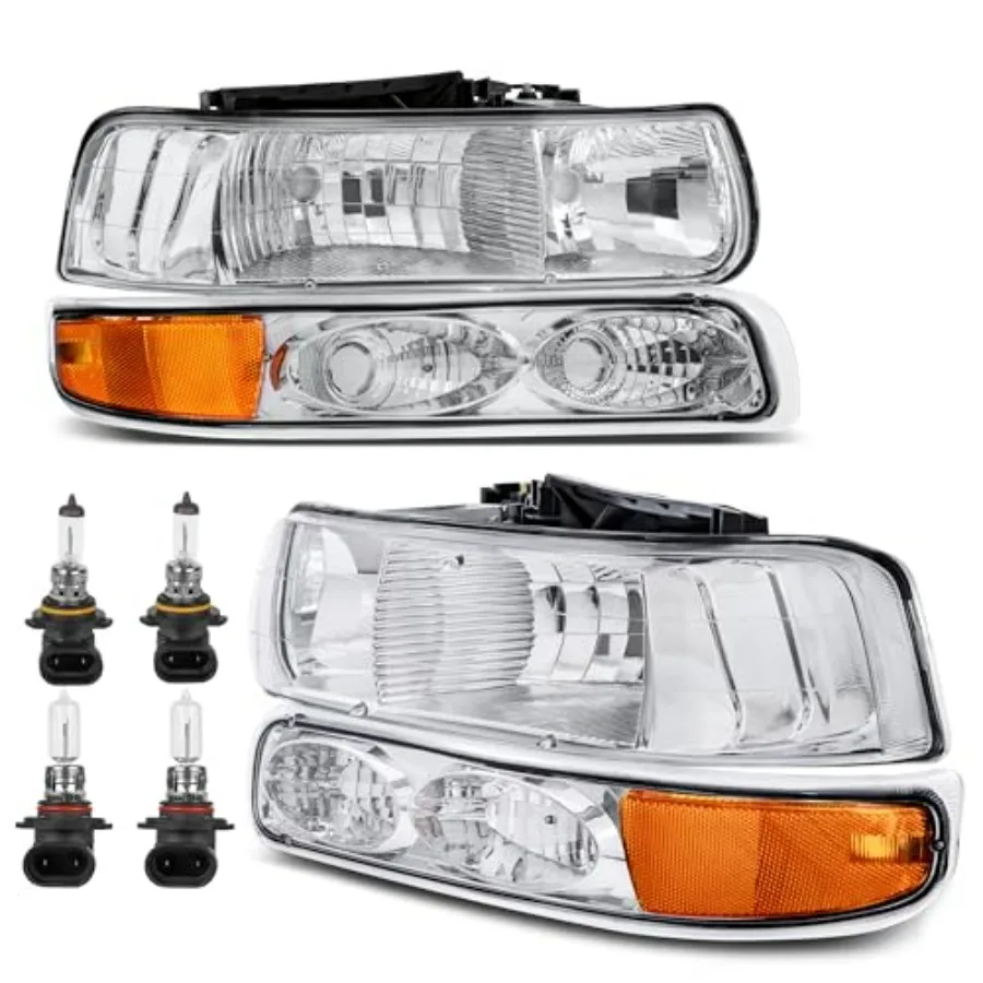 

Headlight Assembly Front Lamp Compatible with 1999-2002 Chevrolet Silverado 1500 2500 2000-2006 Suburban 1500 2500 Tahoe Chrome