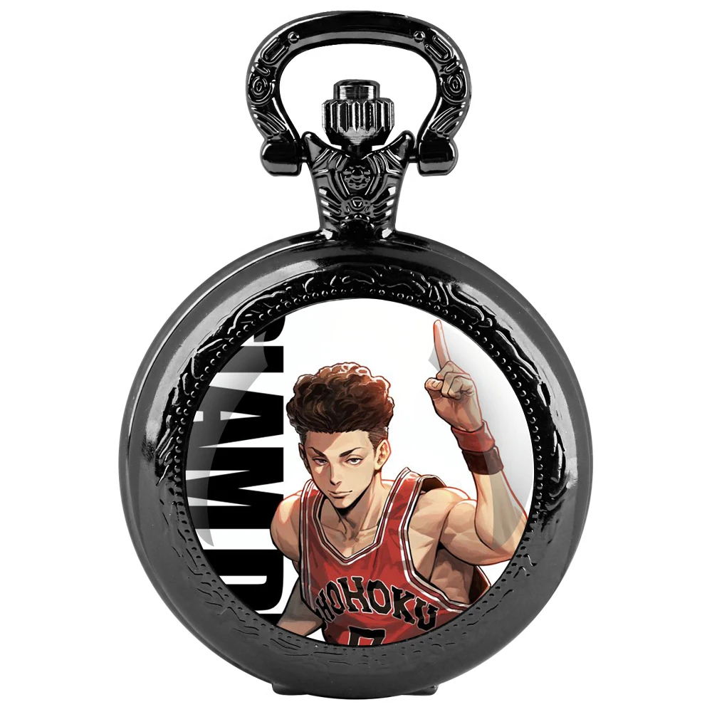 Orologio da tasca al quarzo nero con cupola in vetro Anime Slam Dunk con quadrante con numeri arabi e catena resistente, regalo retrò per uomini e donne