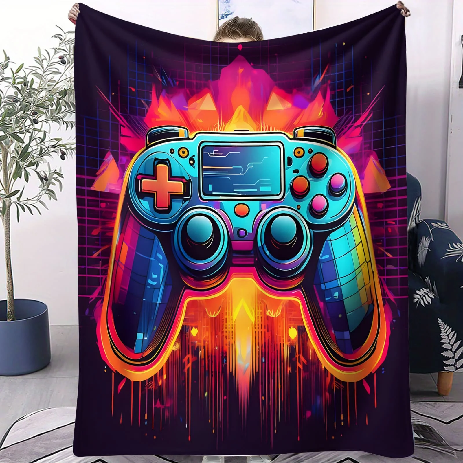 

Gaming Controller Colorful Soft Blanket - E-Sports Themed Fleece Throw for Sofa Gaming Room Home Decor Adults Cozy Warm Gift
