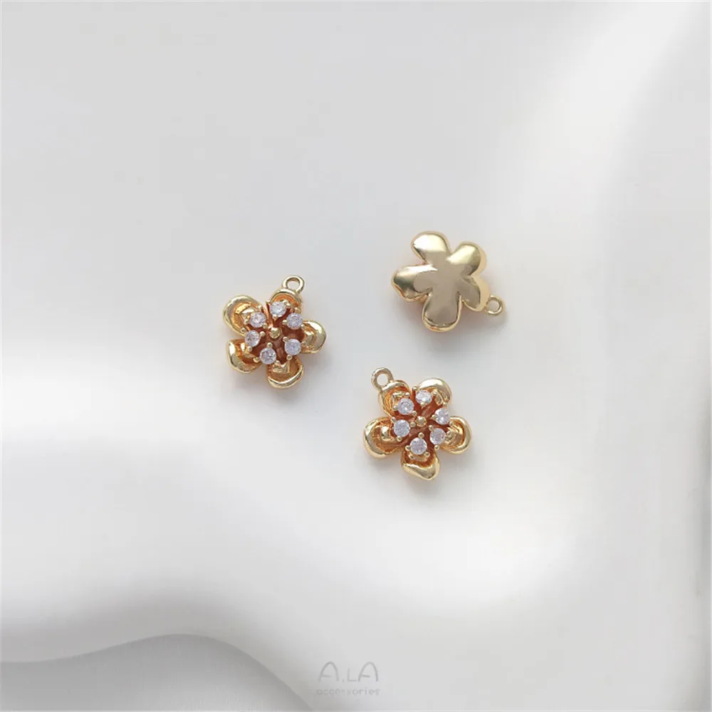 14K Gold Package Zircon Flower with Branch and Leaf Rose Pendant Handmade Earrings Necklace Bracelet DIY Jewelry Pendant