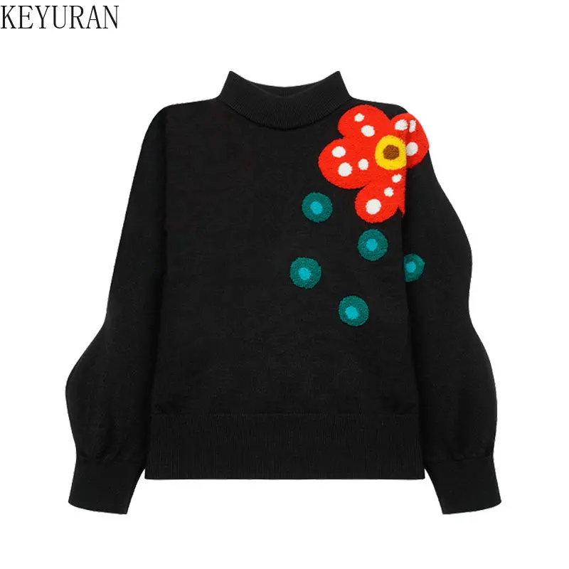 Autumn Winter Knitted Sweaters Women Pullovers Korean Fashion Ruffles Sleeve 3D Flowers Knitwear Top Sweater Sueter Mujer Jumper