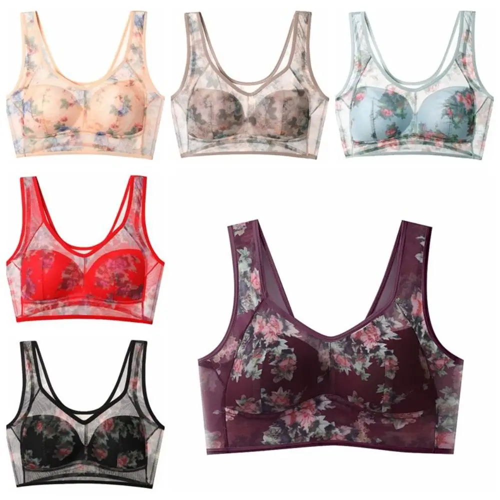 Gathering Bras Push UP Lace Flower Women's Bra Transparent Plus Size Ice Silk Mesh Bra Wireless Widen Band Tank Top Bra Ladies