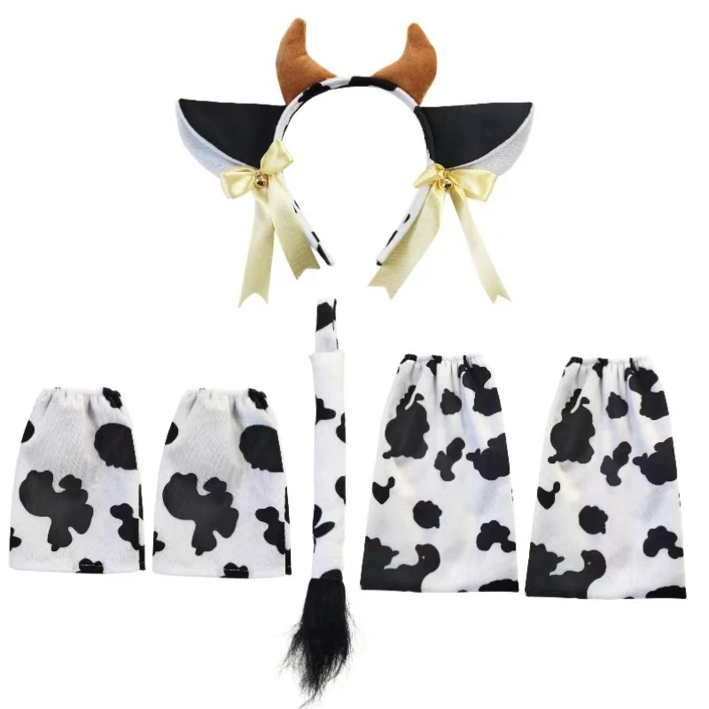 Halloween Cow Costume Accessories Bell Cow Ears Tail Set with Gloves Leg Warmer Cosplay Props for Party Favors Supplies