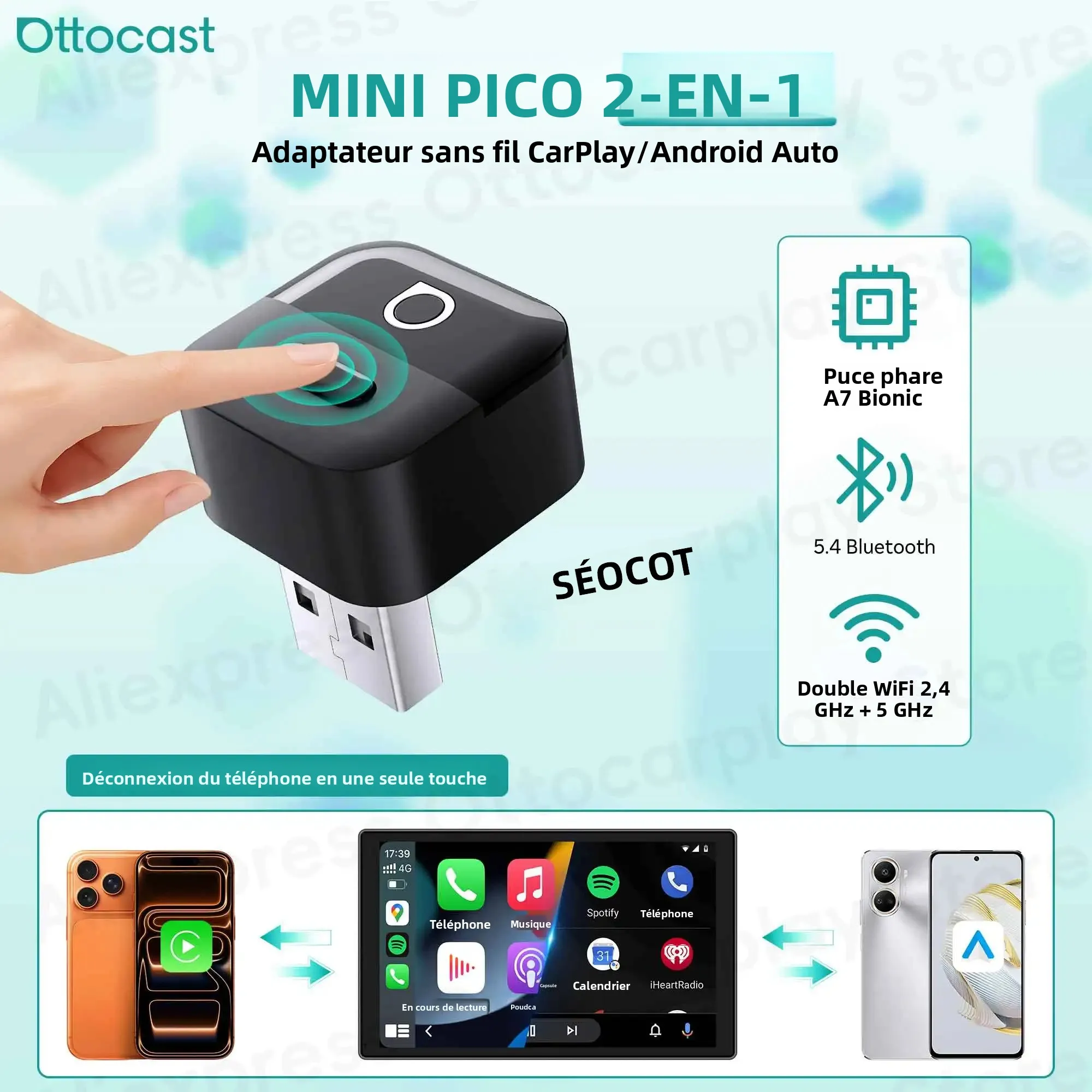 Adaptateur sans fil OTTOCAST Mini Pico 2026 CarPlay Android Auto pour iPhone et téléphone Android, accessoires de voiture pour VW Toyota Ford Benz