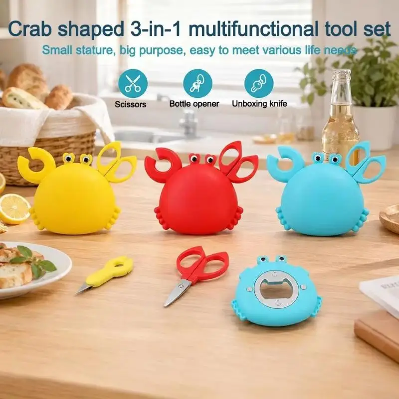 3‑in‑1 Cute Crab‑Shaped Multi Tool, Magnetic Storage Scissors Bottle Opener Package Cutter For Home Travel