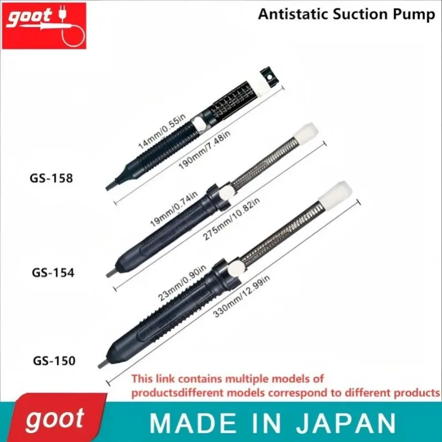 Bomba Absorvedora de Solda Antiestática GOOT GS-154/150/158 - Eixo Autolimpante Potente, 330/275/190mm, para Reparo de PCB