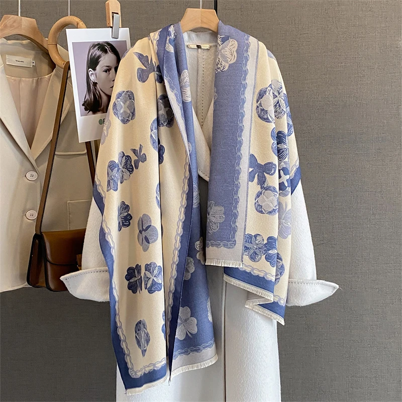 

Мода 2025 года, двусторонний цветок, женский зимний теплый шарф, шали, имитация кашемира, толстый хиджаб, накидка с кисточками, одеяло из пашмины